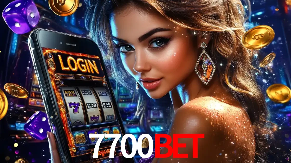 Mulher glamorosa segurando um smartphone com a tela de login para os jogos de caça-níqueis do cassino online 7700bet, com moedas de ouro e dados ao redor.
