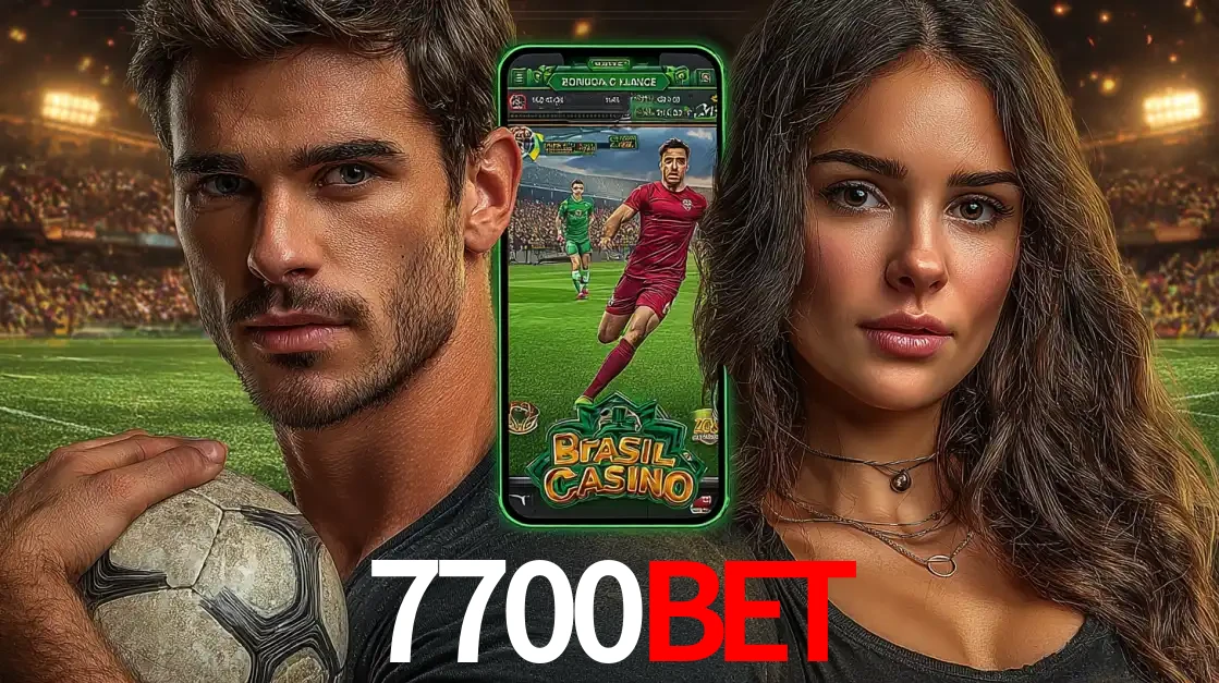 Homem segurando uma bola de futebol e uma mulher ao lado de um smartphone exibindo o jogo de apostas esportivas da 7700bet. Faça seu palpite no cassino online.